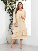 Chic A-Line Two Pieces Tiered Chiffon Midi Mother Of The Bride Dresses