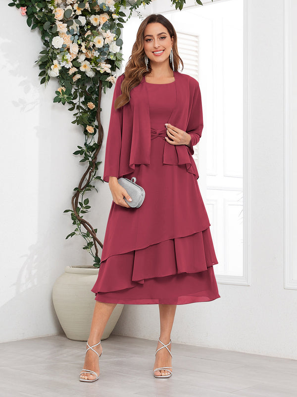 Cinnamon Rose Chic A-Line Two Pieces Tiered Chiffon Midi Mother Of The Bride Dresses