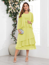 Chic A-Line Two Pieces Tiered Chiffon Midi Mother Of The Bride Dresses