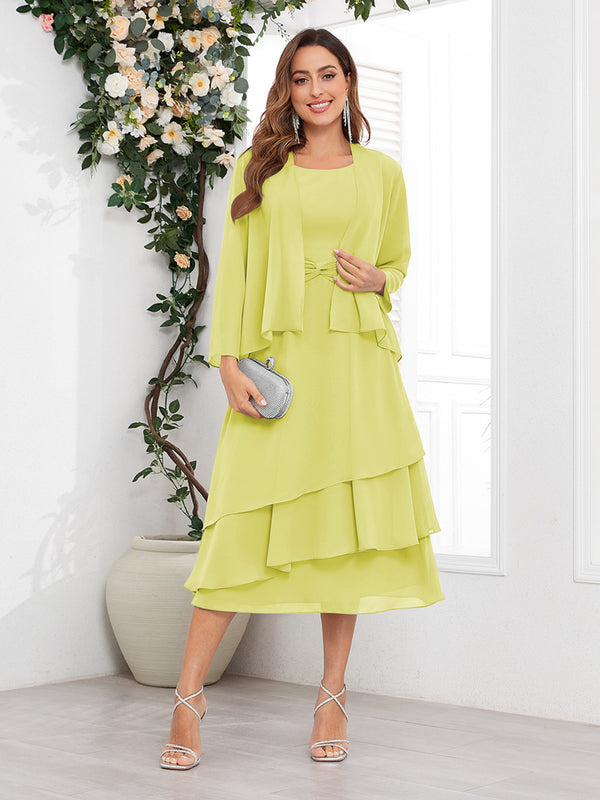 Daffodil Chic A-Line Two Pieces Tiered Chiffon Midi Mother Of The Bride Dresses
