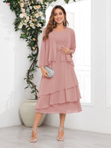 Chic A-Line Two Pieces Tiered Chiffon Midi Mother Of The Bride Dresses