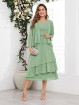 Chic A-Line Two Pieces Tiered Chiffon Midi Mother Of The Bride Dresses