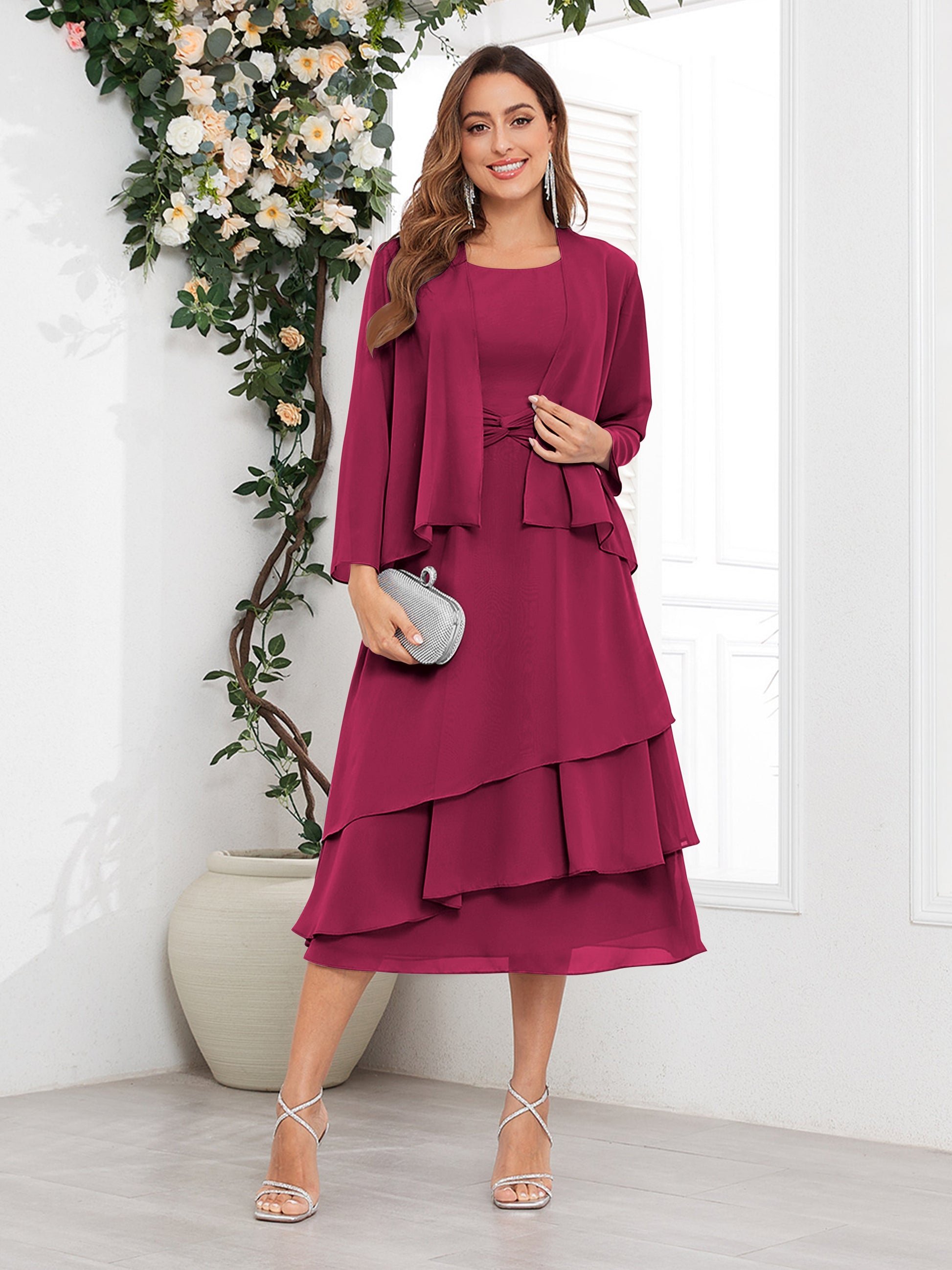 tiered chiffon mother of the bride dresses Lavetir Silver Gray A-Line/Princess Scoop Short Sleeves Tiered Chiffon Mother of the Bride Dresses 2026