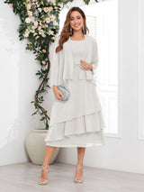 Chic A-Line Two Pieces Tiered Chiffon Midi Mother Of The Bride Dresses