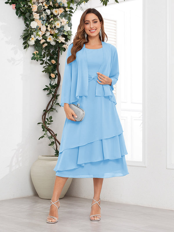 Light Blue Chic A-Line Two Pieces Tiered Chiffon Midi Mother Of The Bride Dresses