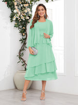 Chic A-Line Two Pieces Tiered Chiffon Midi Mother Of The Bride Dresses