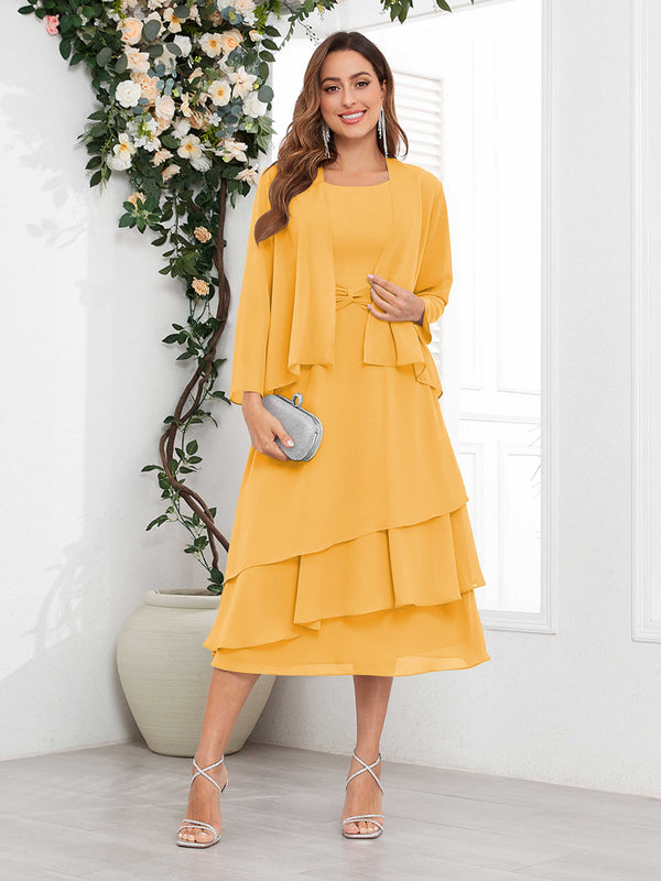 Mustard Chic A-Line Two Pieces Tiered Chiffon Midi Mother Of The Bride Dresses