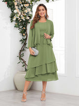 Chic A-Line Two Pieces Tiered Chiffon Midi Mother Of The Bride Dresses