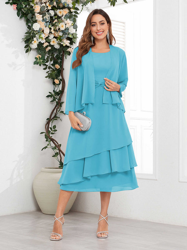 Pool Chic A-Line Two Pieces Tiered Chiffon Midi Mother Of The Bride Dresses