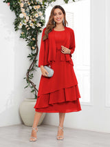 Chic A-Line Two Pieces Tiered Chiffon Midi Mother Of The Bride Dresses