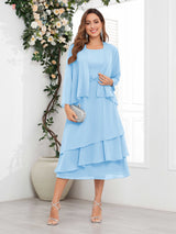 Chic A-Line Two Pieces Tiered Chiffon Midi Mother Of The Bride Dresses
