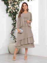 Chic A-Line Two Pieces Tiered Chiffon Midi Mother Of The Bride Dresses