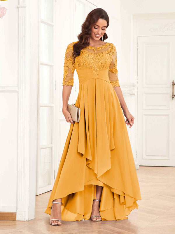 Mustard Chic Half Sleeves Ruffles Lace Appliques Mother Of The Bride Dresses