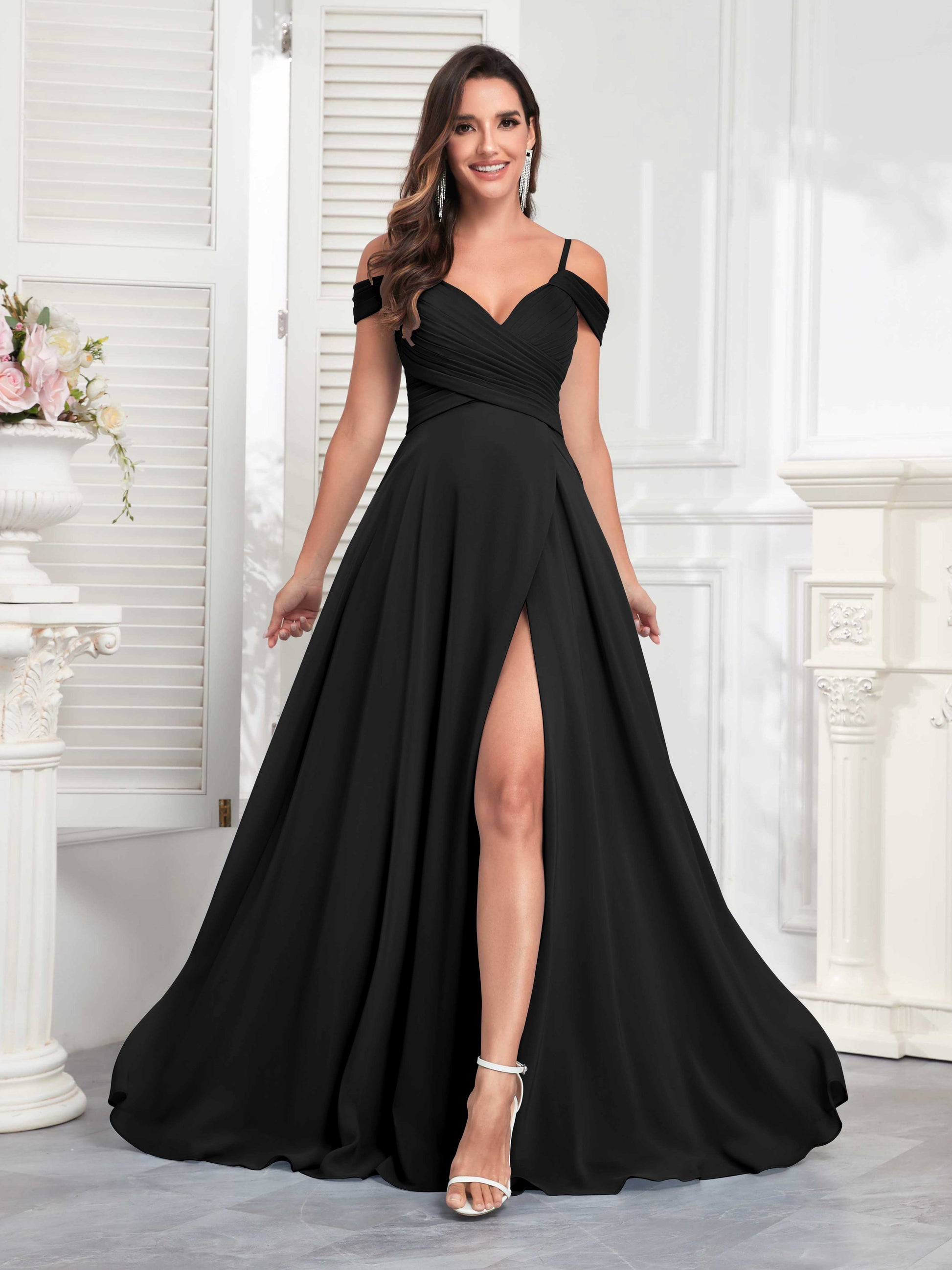 Chic Off The Shoulder Slit Chiffon Bridesmaid Dresses With Pockets mollyevers.com Chic Off The Shoulder Slit Chiffon Bridesmaid Dresses With Pockets mollyevers.com