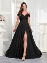 Chic Off The Shoulder Slit Chiffon Bridesmaid Dresses With Pockets
