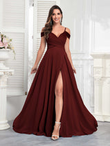 Chic Off The Shoulder Slit Chiffon Bridesmaid Dresses With Pockets