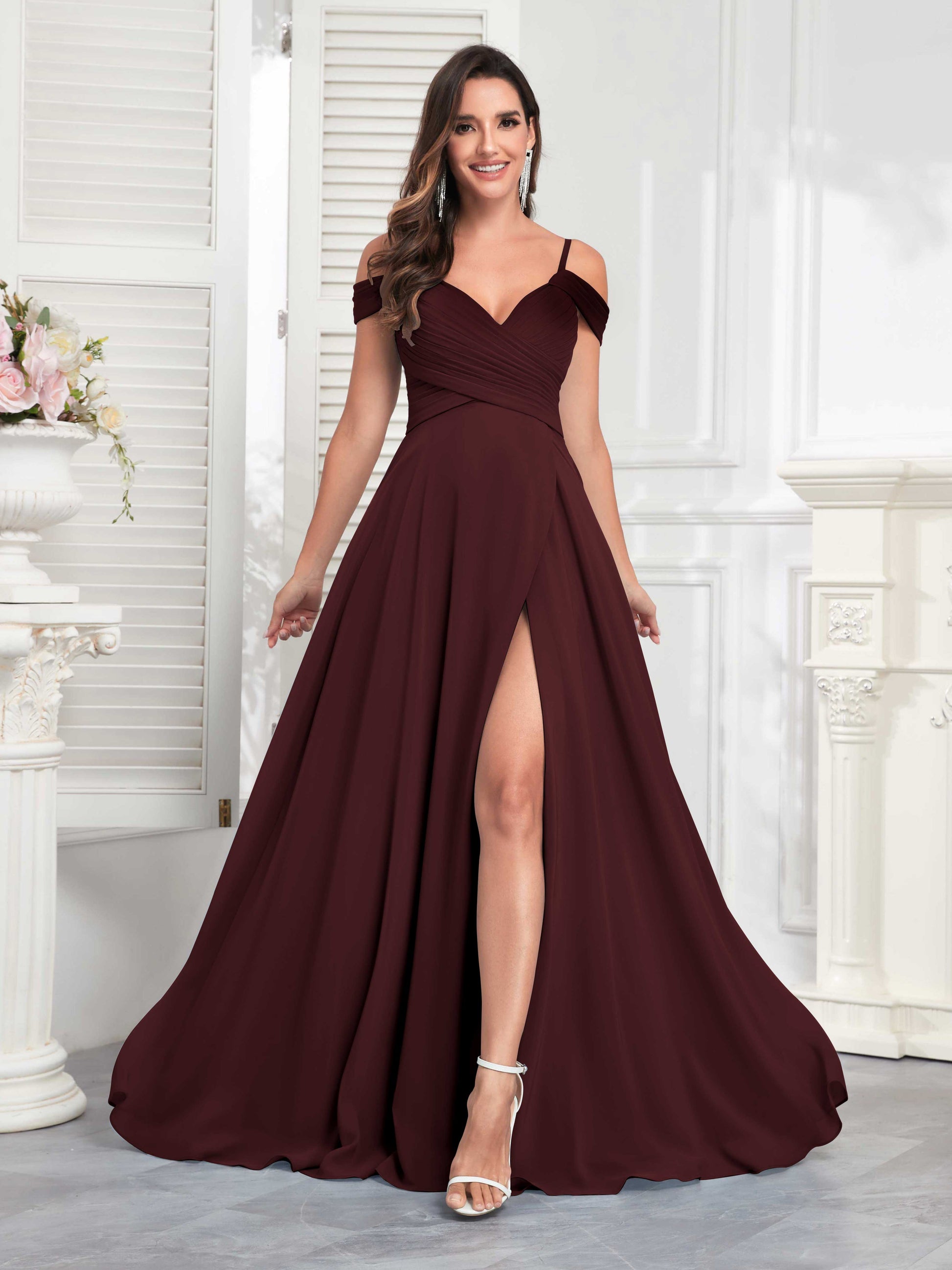 Chic Off The Shoulder Slit Chiffon Bridesmaid Dresses With Pockets mollyevers.com Chic Off The Shoulder Slit Chiffon Bridesmaid Dresses With Pockets mollyevers.com