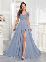Chic Off The Shoulder Slit Chiffon Bridesmaid Dresses With Pockets