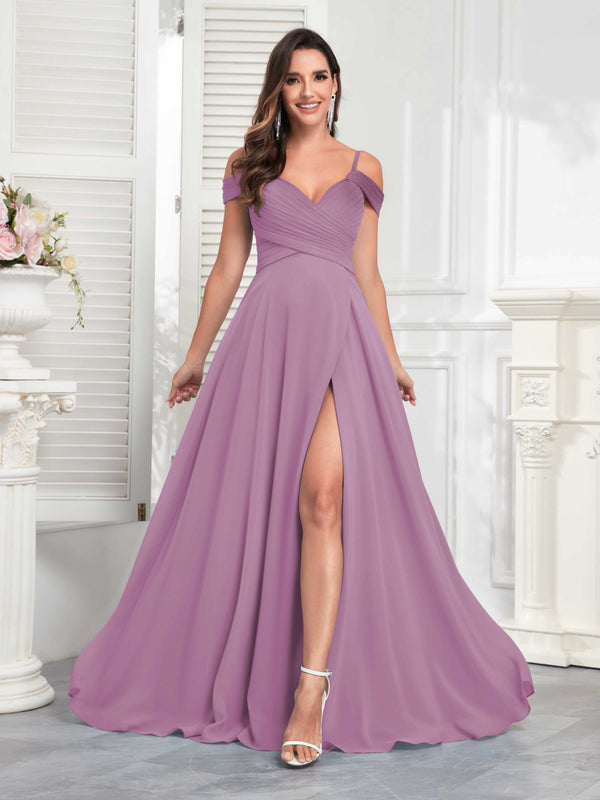 Dusty Purple Chic Off The Shoulder Slit Chiffon Bridesmaid Dresses With Pockets