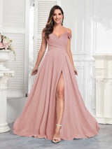 Chic Off The Shoulder Slit Chiffon Bridesmaid Dresses With Pockets