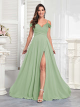 Chic Off The Shoulder Slit Chiffon Bridesmaid Dresses With Pockets