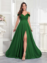 Chic Off The Shoulder Slit Chiffon Bridesmaid Dresses With Pockets