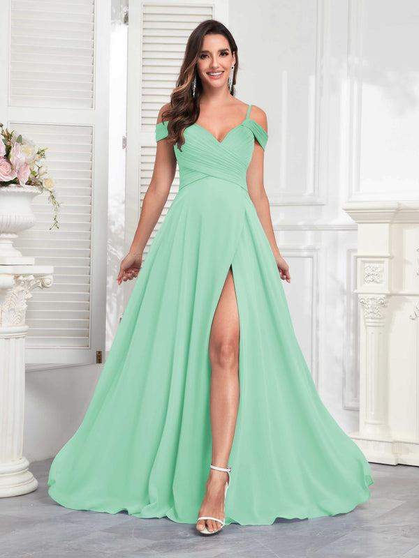 Mint Green Chic Off The Shoulder Slit Chiffon Bridesmaid Dresses With Pockets