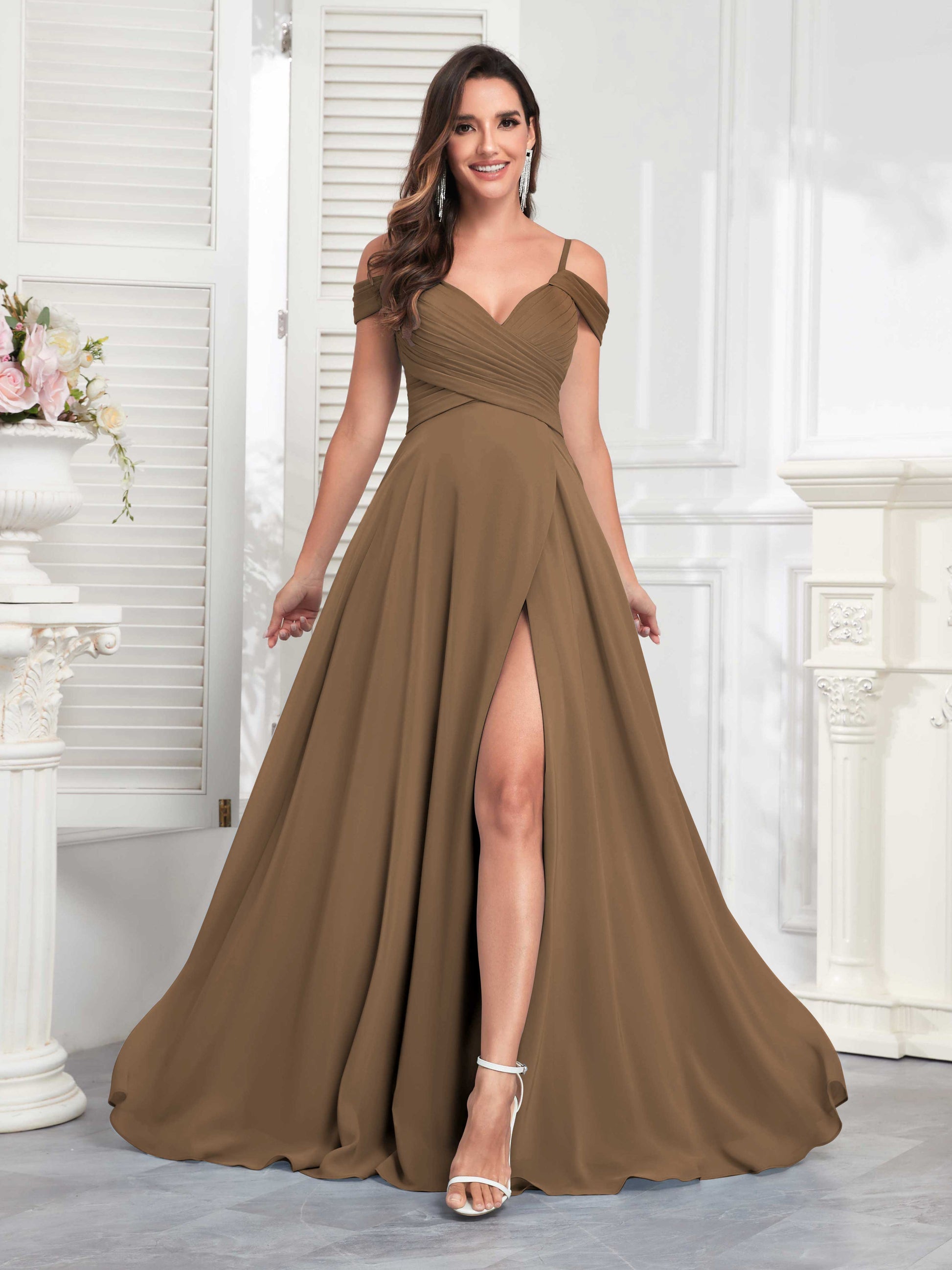 mocha chiffon bridesmaid dresses Mocha Bridesmaid Halter A-Line Sleeveless Floor Length Chiffon Bridesmaid Dresses with Slit