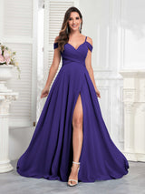 Chic Off The Shoulder Slit Chiffon Bridesmaid Dresses With Pockets