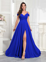 Chic Off The Shoulder Slit Chiffon Bridesmaid Dresses With Pockets