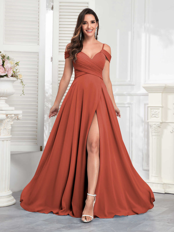 Rust Chic Off The Shoulder Slit Chiffon Bridesmaid Dresses With Pockets