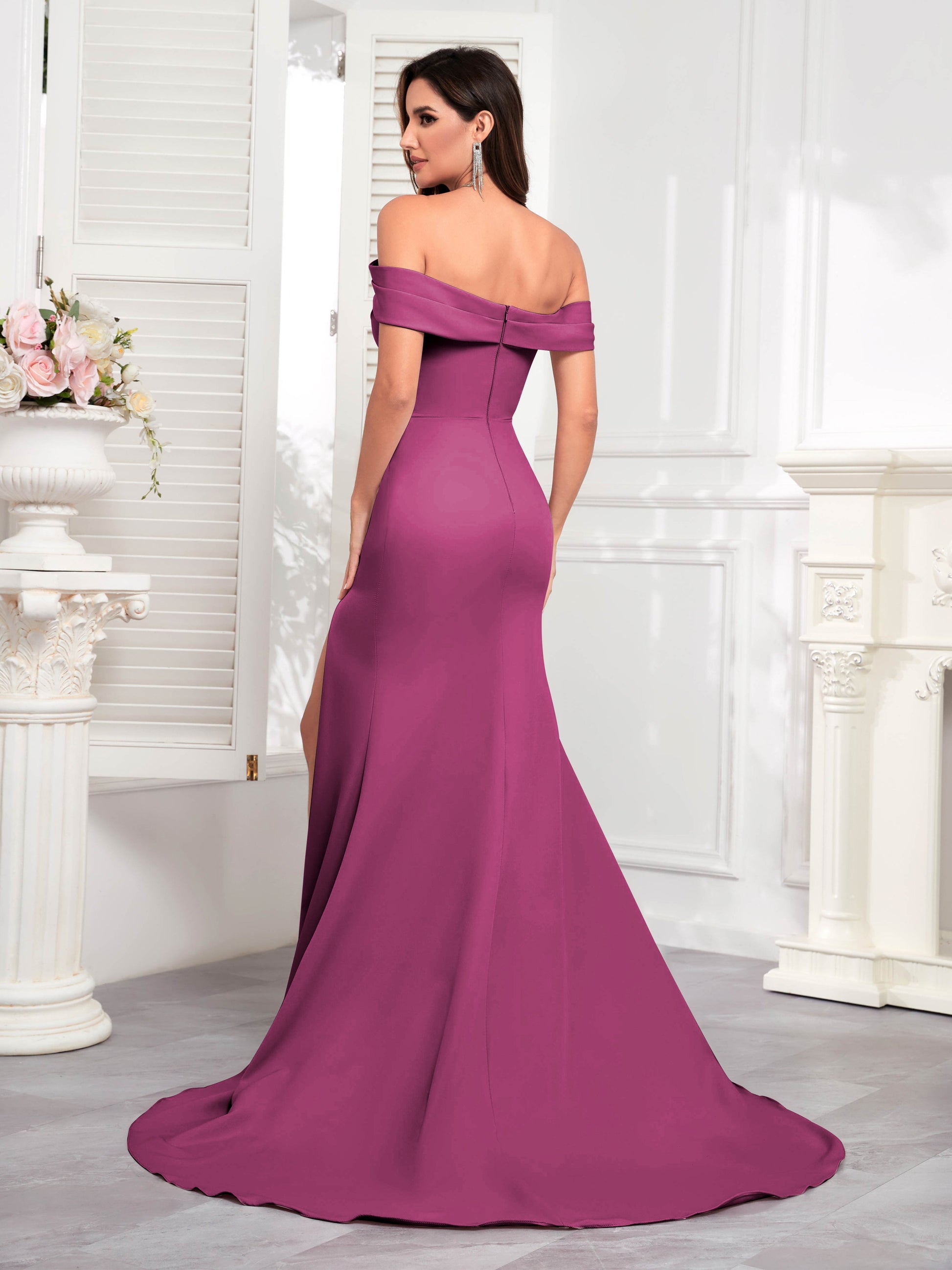 Chic Off The Shoulder Sweep Train Long Formal Party Dress with Slit mollyevers.com Chic Off The Shoulder Sweep Train Long Formal Party Dress with Slit mollyevers.com