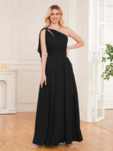 Chic One Shoulder Bow Back Floor Length Chiffon Bridesmaid Dresses