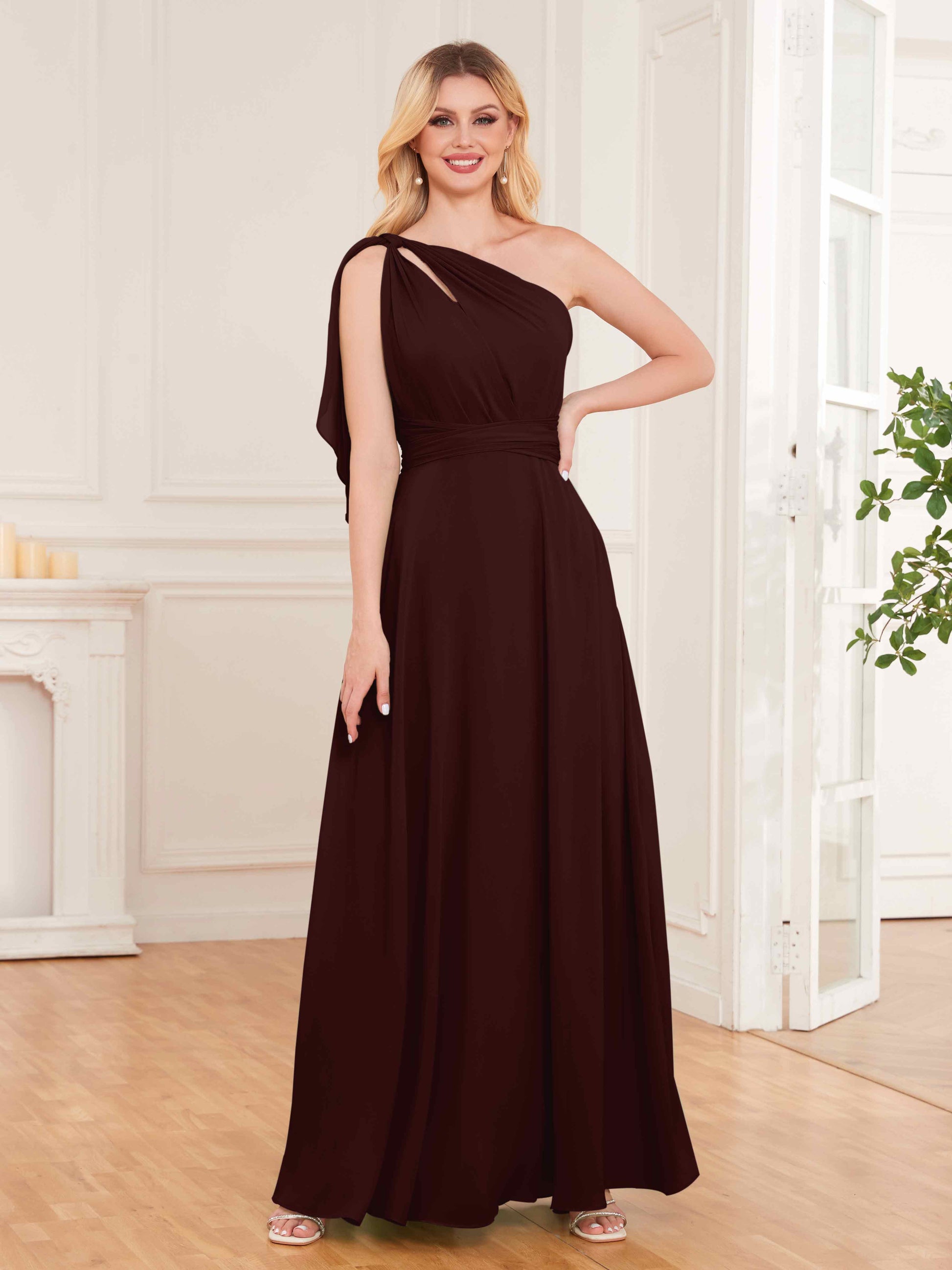 Chic One Shoulder Bow Back Floor Length Chiffon Bridesmaid Dresses –