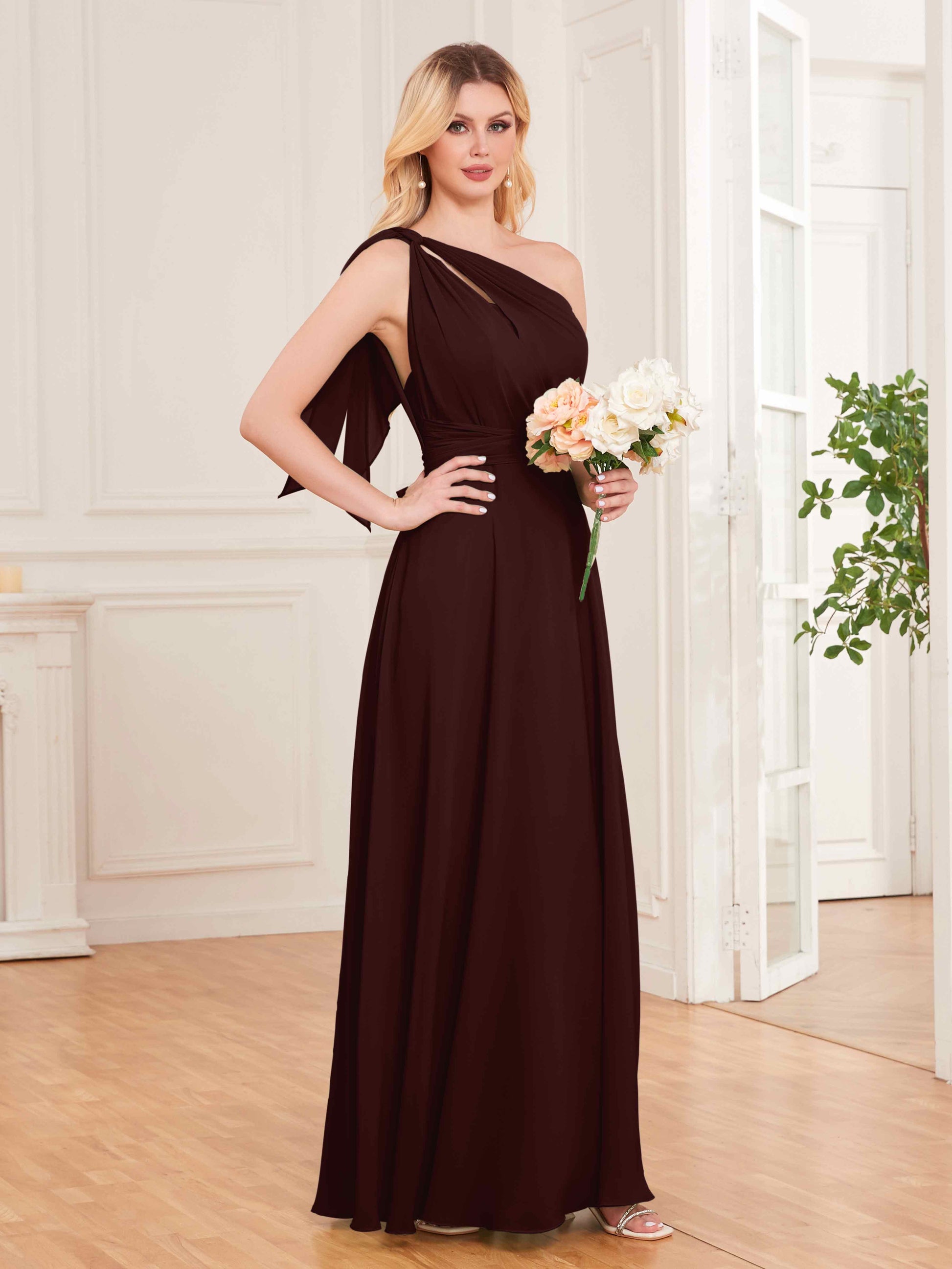 Chic One Shoulder Bow Back Floor Length Chiffon Bridesmaid Dresses mollyevers.com Chic One Shoulder Bow Back Floor Length Chiffon Bridesmaid Dresses mollyevers.com