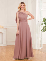 Chic One Shoulder Bow Back Floor Length Chiffon Bridesmaid Dresses