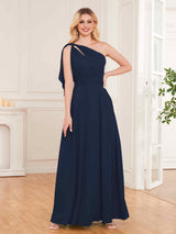 Chic One Shoulder Bow Back Floor Length Chiffon Bridesmaid Dresses