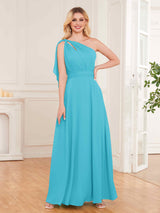 Chic One Shoulder Bow Back Floor Length Chiffon Bridesmaid Dresses