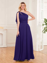 Chic One Shoulder Bow Back Floor Length Chiffon Bridesmaid Dresses