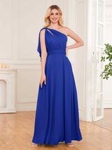 Chic One Shoulder Bow Back Floor Length Chiffon Bridesmaid Dresses