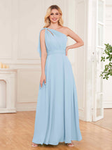 Chic One Shoulder Bow Back Floor Length Chiffon Bridesmaid Dresses