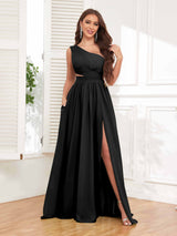 Chic One Shoulder Cutout Waist Chiffon Bridesmaid Dresses With Pockets