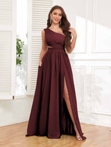 Chic One Shoulder Cutout Waist Chiffon Bridesmaid Dresses With Pockets