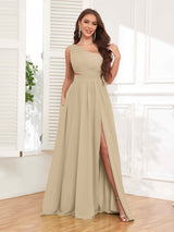 Chic One Shoulder Cutout Waist Chiffon Bridesmaid Dresses With Pockets