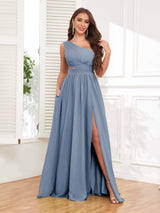 Chic One Shoulder Cutout Waist Chiffon Bridesmaid Dresses With Pockets