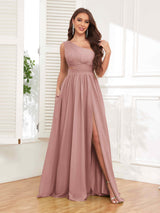 Chic One Shoulder Cutout Waist Chiffon Bridesmaid Dresses With Pockets