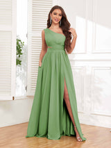 Chic One Shoulder Cutout Waist Chiffon Bridesmaid Dresses With Pockets