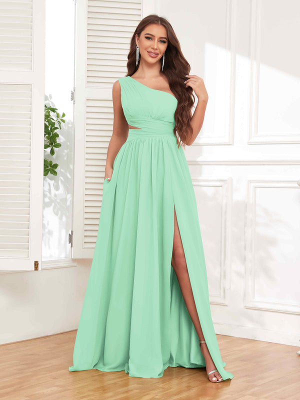 Mint Green Chic One Shoulder Cutout Waist Chiffon Bridesmaid Dresses With Pockets