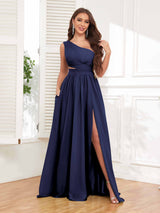 Chic One Shoulder Cutout Waist Chiffon Bridesmaid Dresses With Pockets