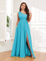 Chic One Shoulder Cutout Waist Chiffon Bridesmaid Dresses With Pockets